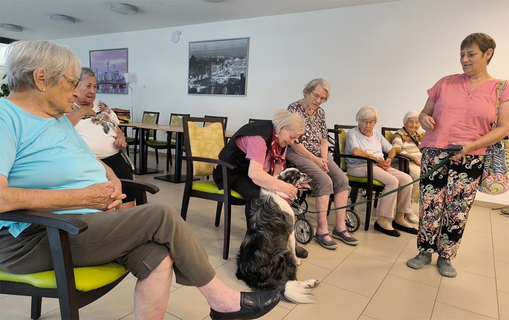 Bewohner der Hausgemeinschaften mit dem Therapiehund Jimmy